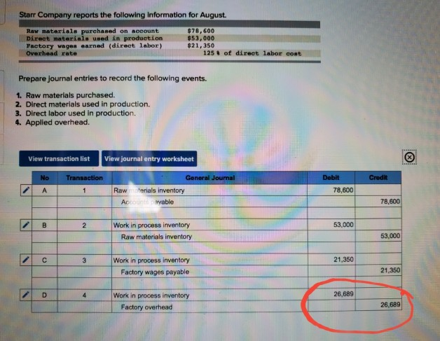  I need help Journaling Applied overhead. (Circled in Red) Starr Company