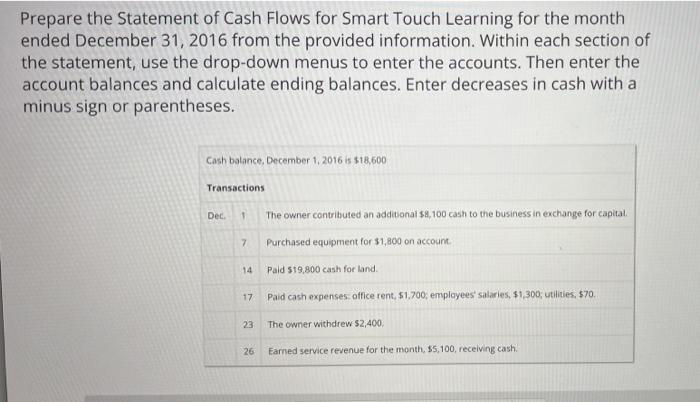  Prepare the Statement of Cash Flows for Smart Touch Learning for