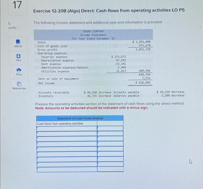  Exercise 12-20B (Algo) Direct: Cash flows from operating activities LO P5