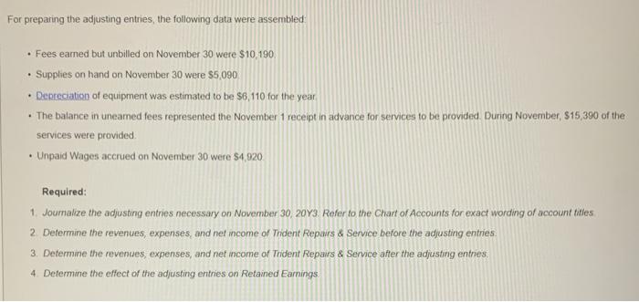 TRIAL BALANCE November 30, 20Y3 ACCOUNT TITLE DEBIT CREDIT 1 Cash 10,210.00