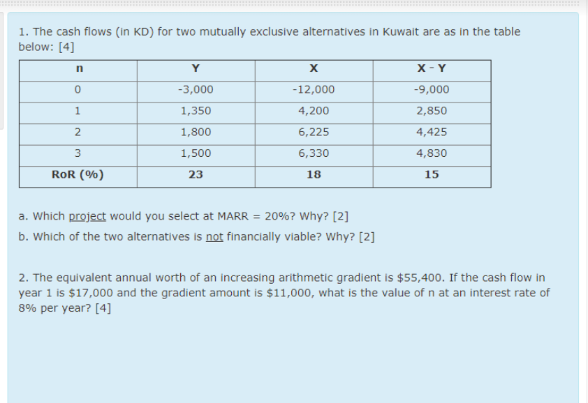 1. The cash flows (in KD) for two mutually exclusive alternatives