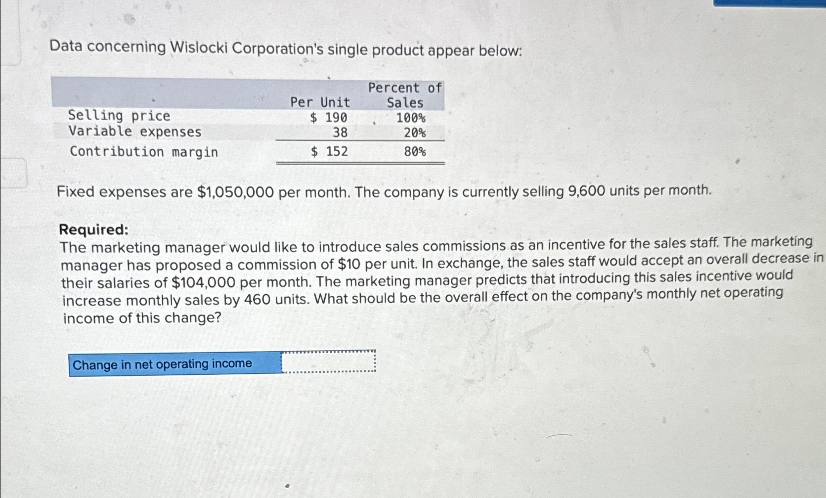  Data concerning Wislocki Corporation's single product appear below: \table[[,Per Unit,\table[[Percent of],[Sales]]],[Selling