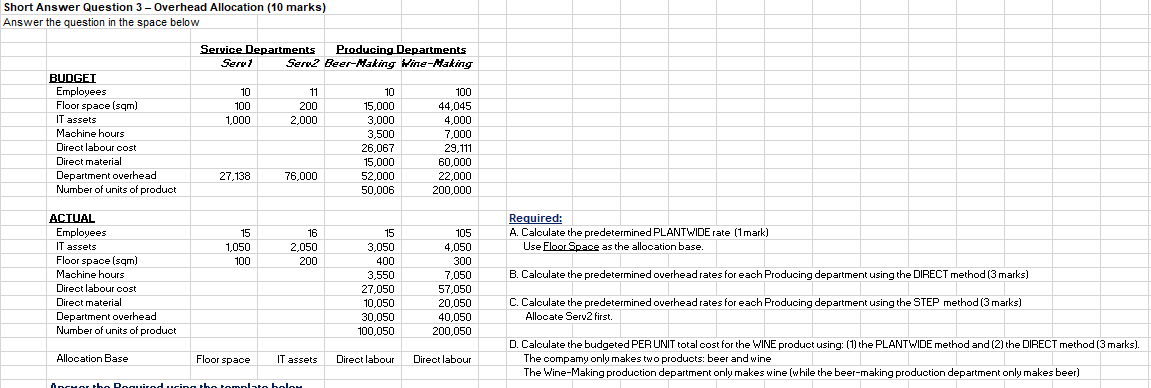  Short Answer Question 3 - Overhead Allocation (10 marks) Answer the