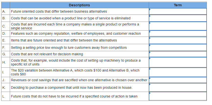 Select the term from the dropdown list provided that best matches each