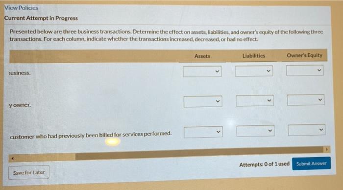 transactions. Determine the effect on assets, liabilities, and owner's equity of the