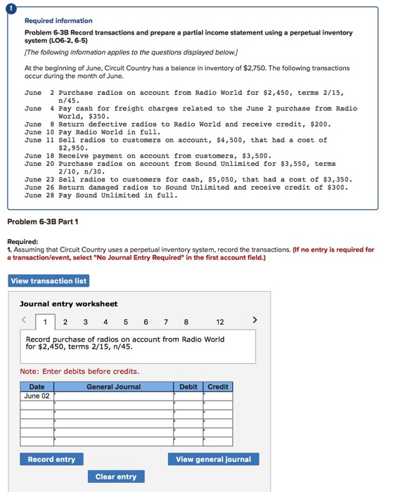  Required information Problem 6-3B Record transactions and prepare a partial income