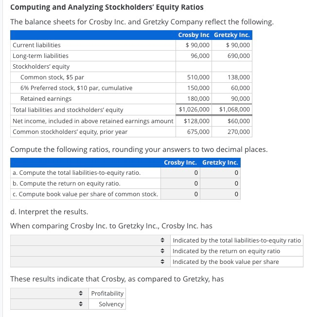  Computing and Analyzing Stockholders' Equity Ratios The balance sheets for Crosby