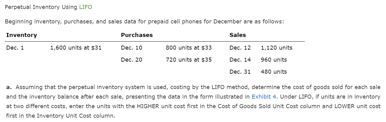  Perpetual Inventory Using LIFO Beginning inventory, purchases, and sales data for
