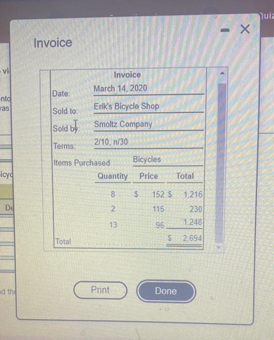 whole dollar) March 14 Erk's Bicycle Shop purchases bicycles from Smolte Company