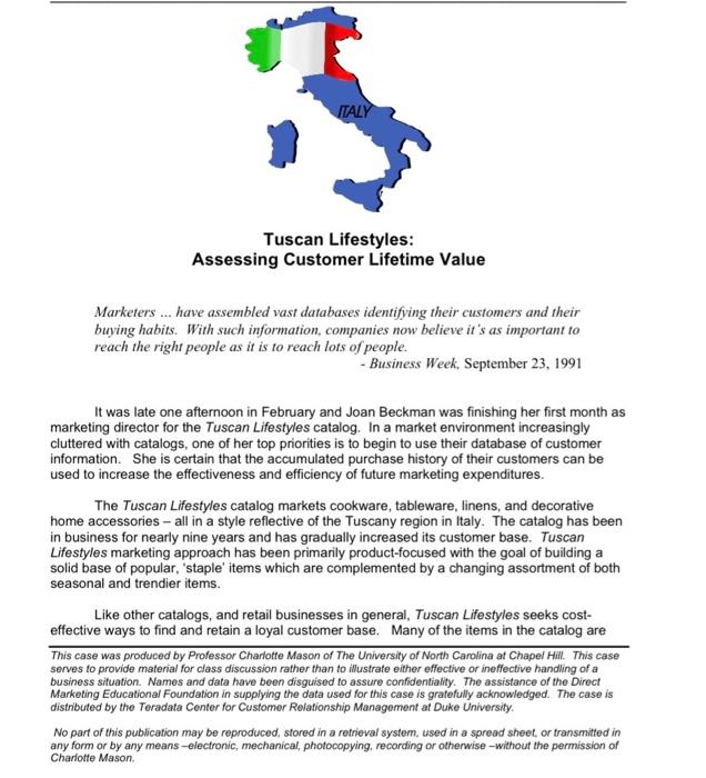 c D E F G Calculations Lifetime Value Tuscan Lifestyles: Initial order