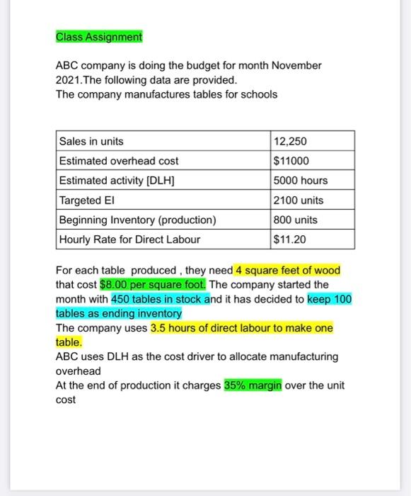  Class Assignment ABC company is doing the budget for month November