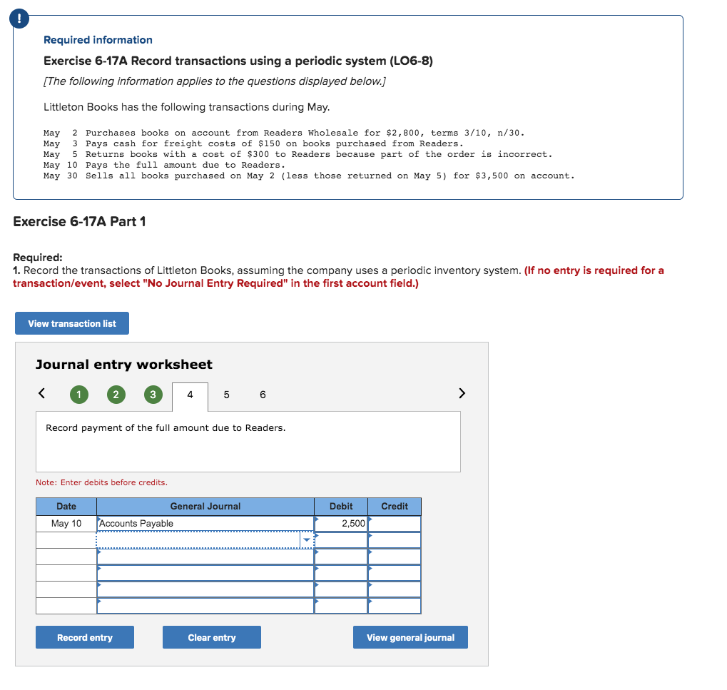 Need help 1-6 Thanks Required information Exercise 6-17A Record transactions using a
