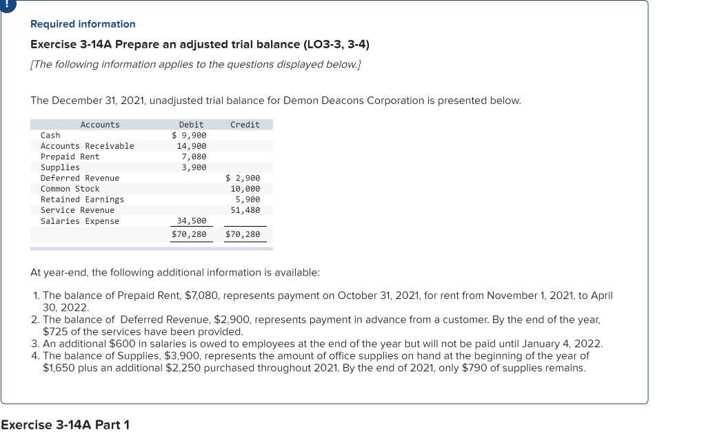 Required information Exercise 3-14A Prepare an adjusted trial balance (LO3-3, 3-4)