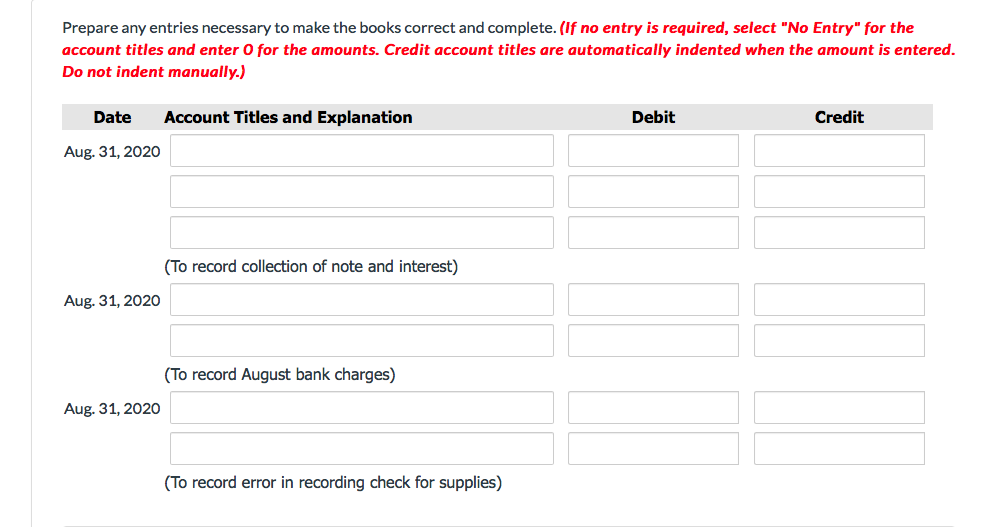 below. County National Bank Balance, August 1 Deposits during August Note collected