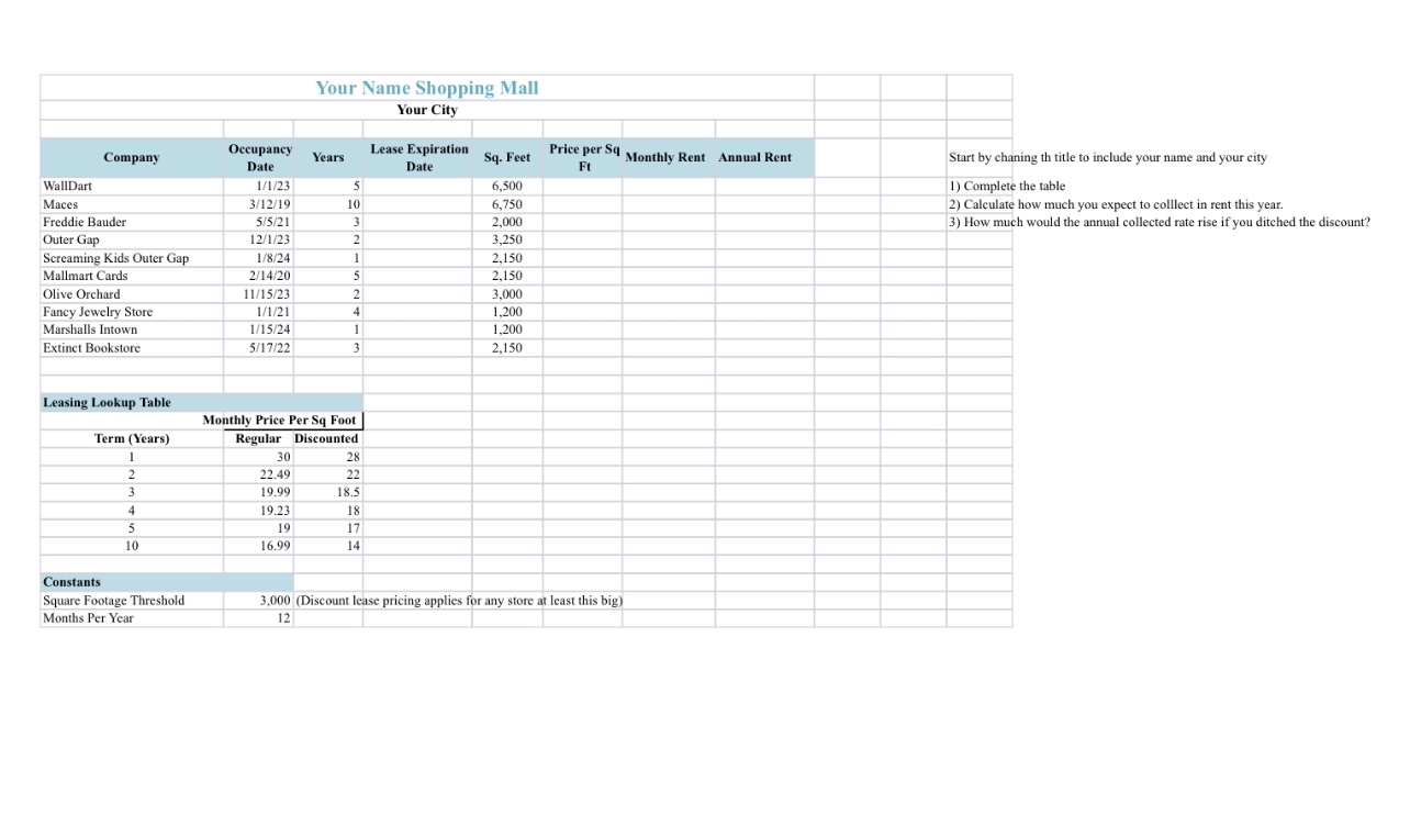Your Name Shopping Mall Your City Lease Expiration Price per Sq Company