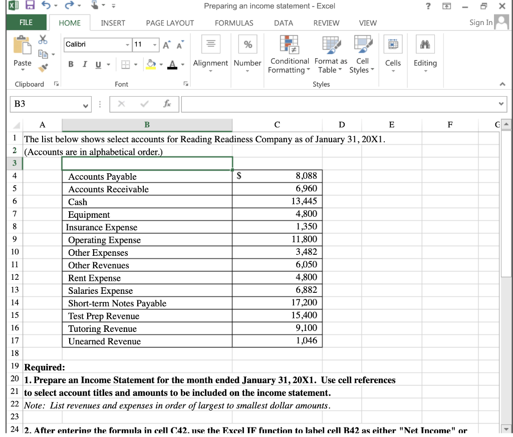 X 5 Preparing an income statement - Excel ? Q FILE