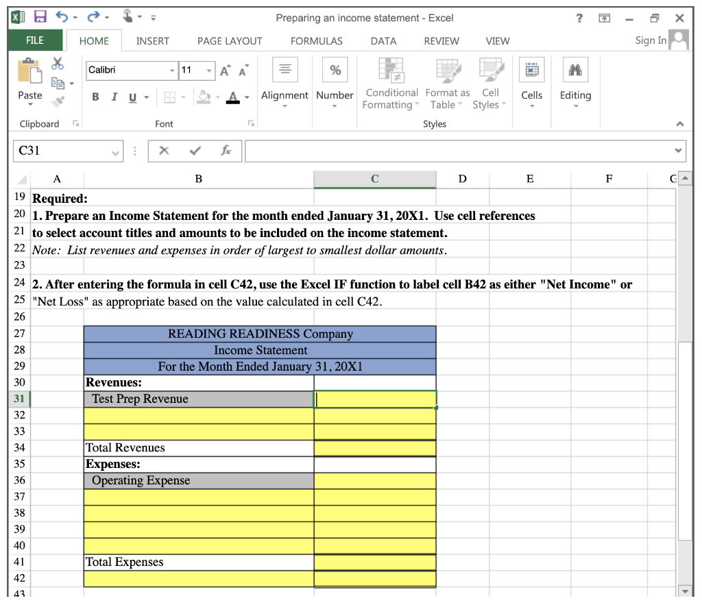 HOME INSERT PAGE LAYOUT FORMULAS DATA REVIEW VIEW Sign In Calibri -