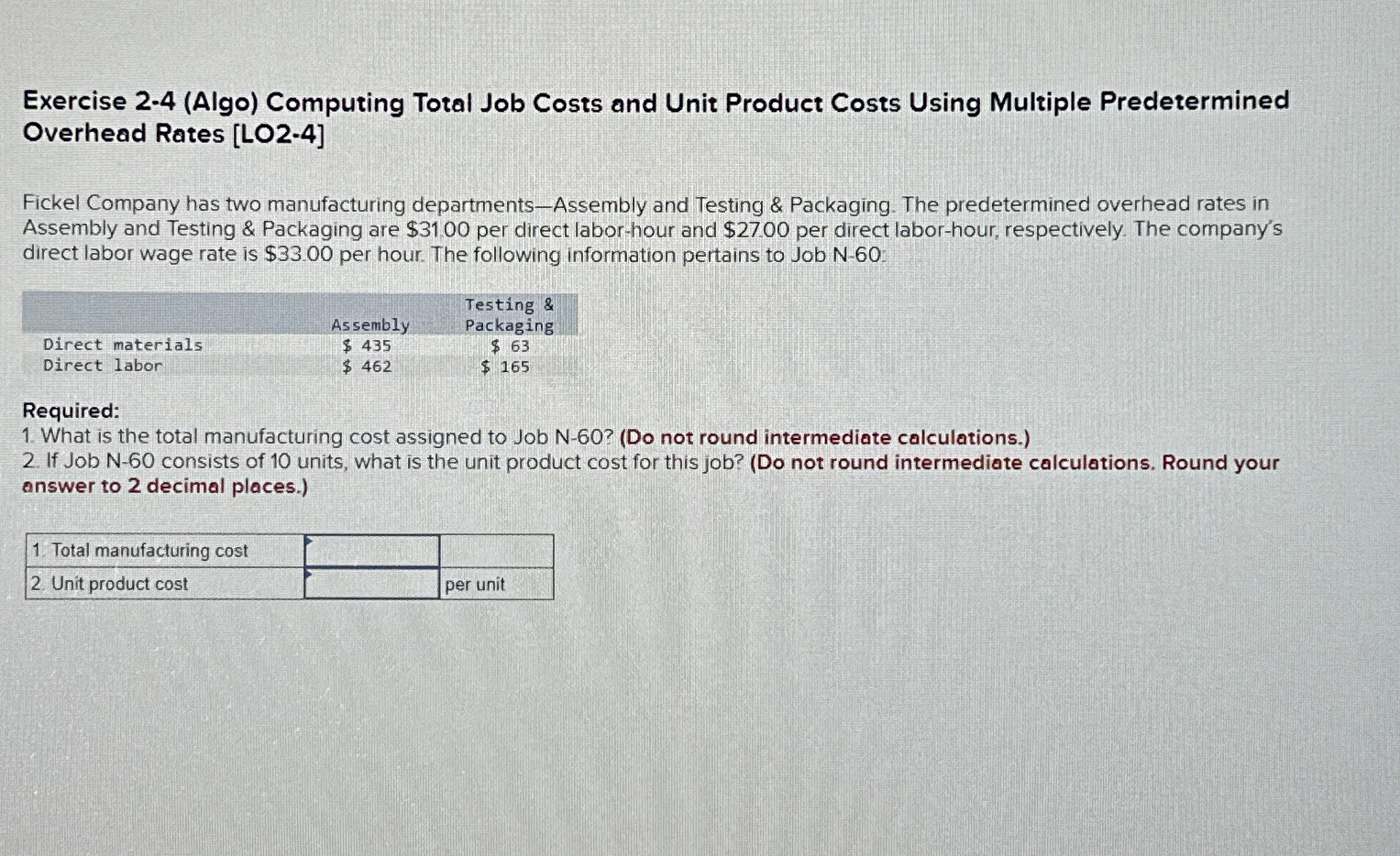  Exercise 2.4(Algo) Computing Total Job Costs and Unit Product Costs Using