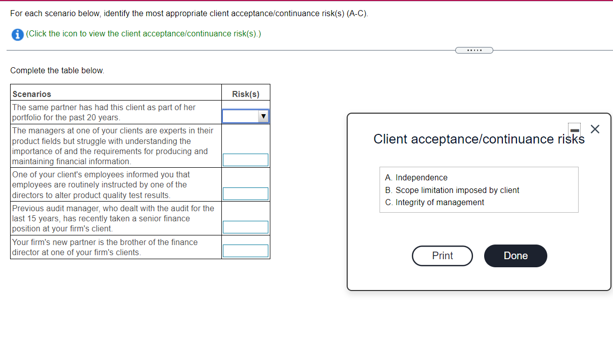  For each scenario below, identify the most appropriate client acceptance/continuance risk(s)