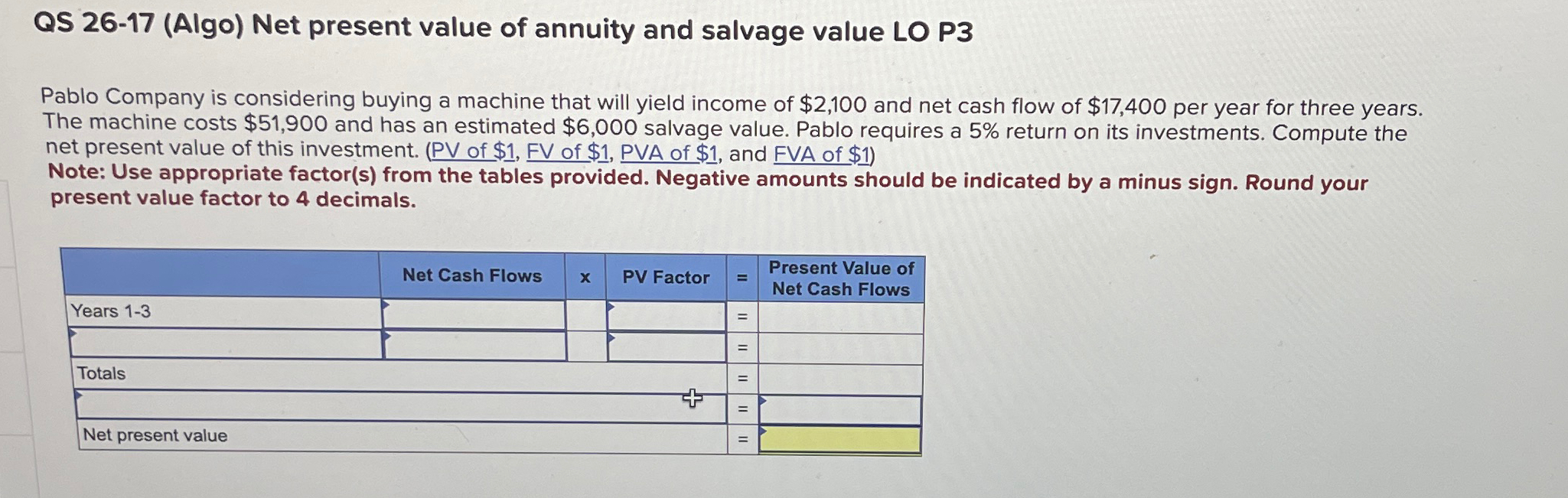  QS 26-17(Algo) Net present value of annuity and salvage value LO