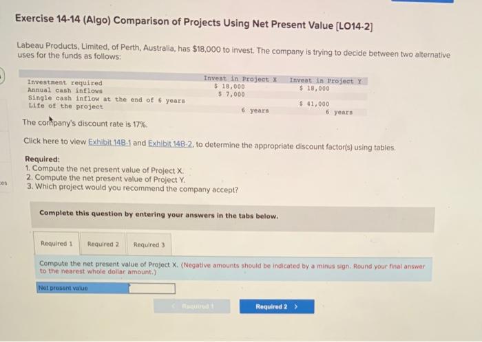  Exercise 14-14 (Algo) Comparison of Projects Using Net Present Value (L014-2]