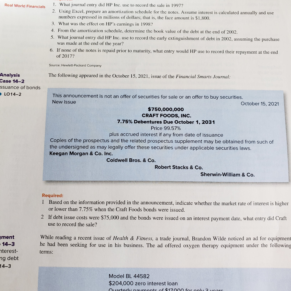 Please help with 14-2 . Real World Financials 1. What journal entry