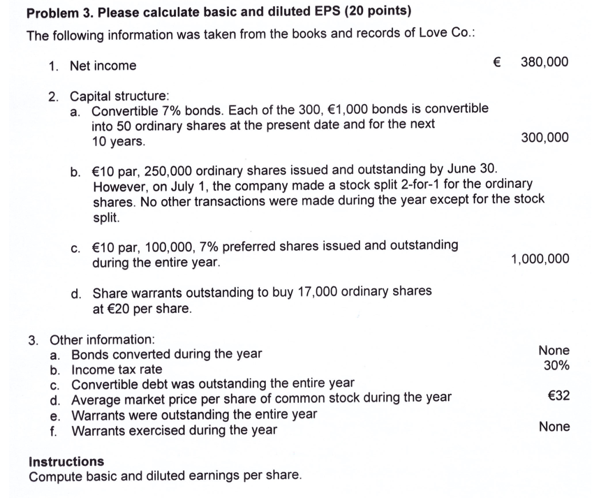  Problem 3. Please calculate basic and diluted EPS (20 points) The
