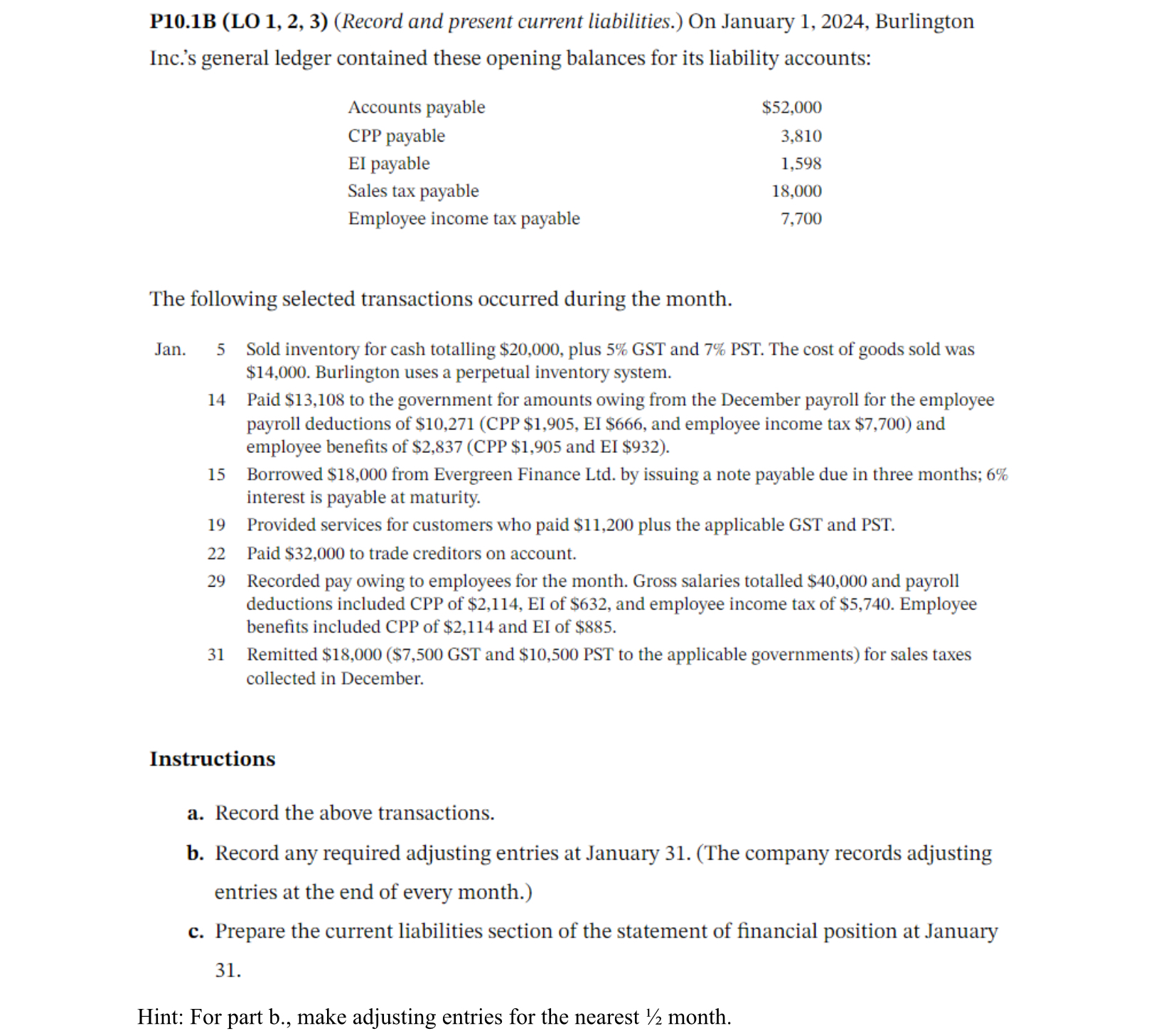  P10.1B (LO 1,2,3)(Record and present current liabilities.) On January 1,2024, Burlington