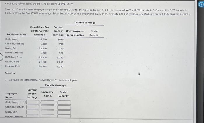 HELPPPP!!! Calculating Payroll Taxes Expense and Preparing Journal Entry Selected information from