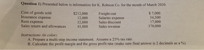  Question 1) Presented below is information for K. Robson Co. for