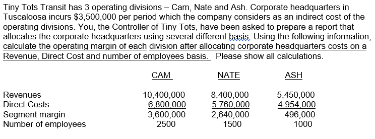Tiny Tots Transit has 3 operating divisions - Cam, Nate and