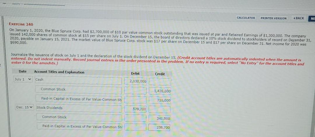 CALCULATOR PRINTER VERSION BACK NE Exercise 240 On January 1, 2020,