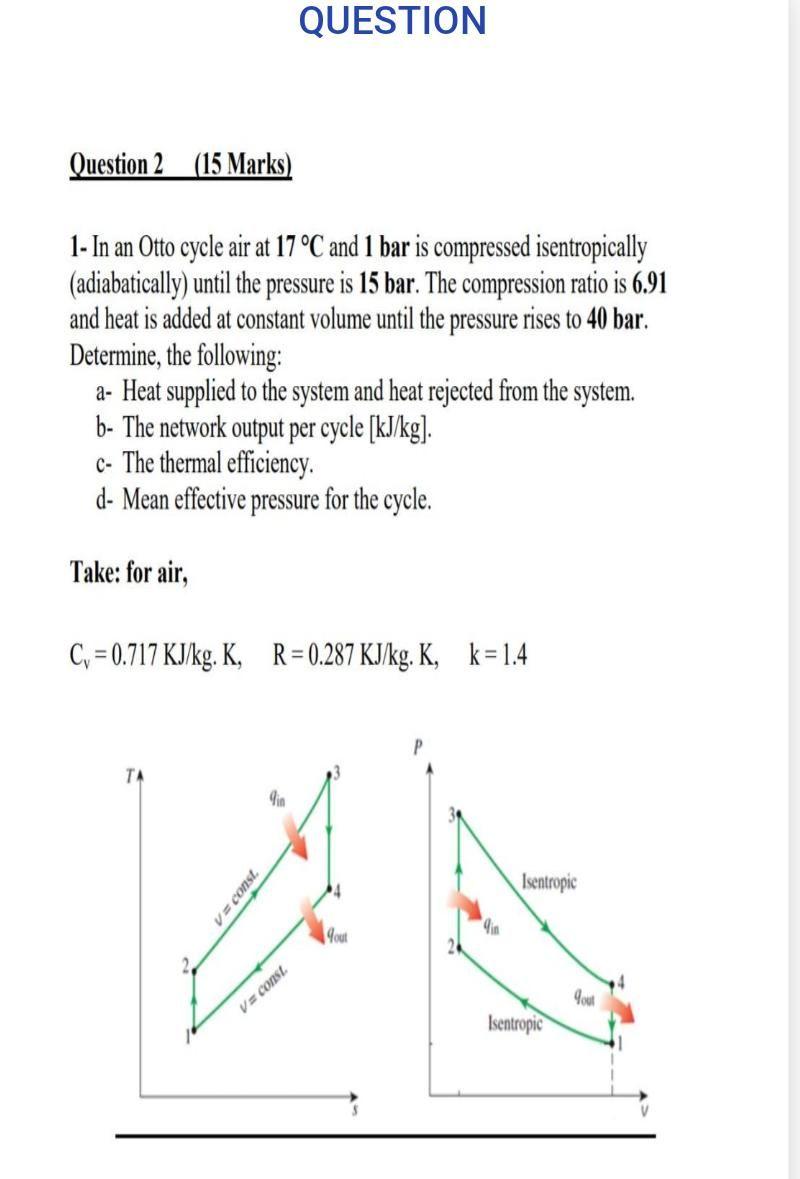  QUESTION Question 2 (15 Marks) 1- In an Otto cycle air