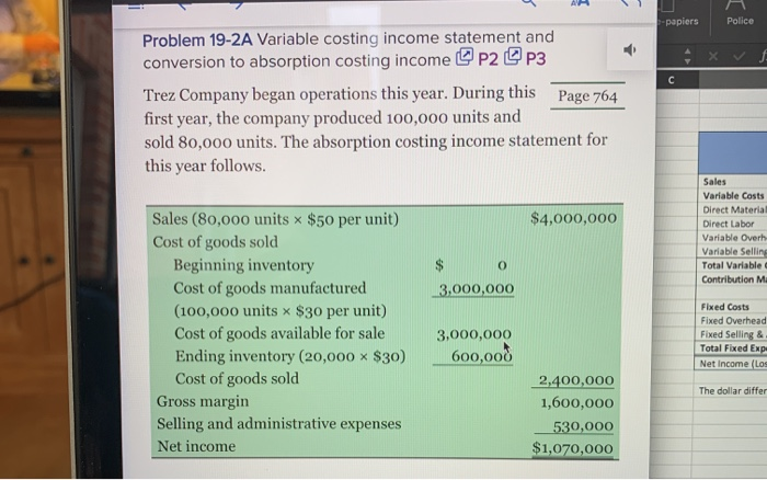 4 000 000,00 Trez Compagny Variable Costing Income Statement For Year Ended