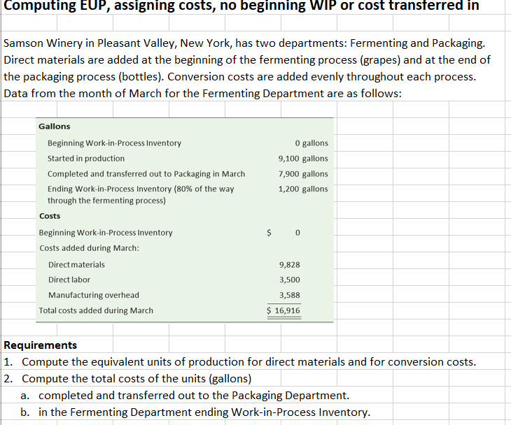 Computing EUP, assigning costs, no beginning WIP or cost transferred in