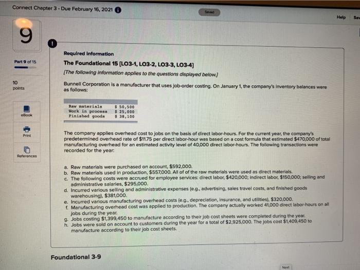  Connect Chapter 3 - Due February 16, 2021 Help Sar 9