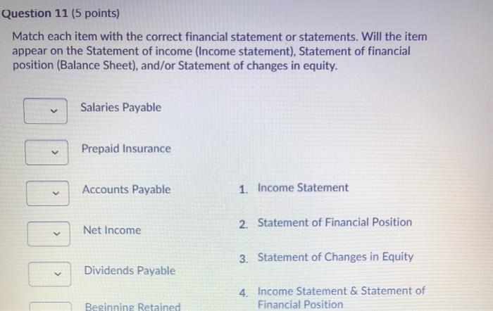  Question 11 (5 points) Match each item with the correct financial