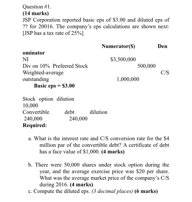  Question #1. (14 marks) JSP Corporation reported basic eps of $3.00