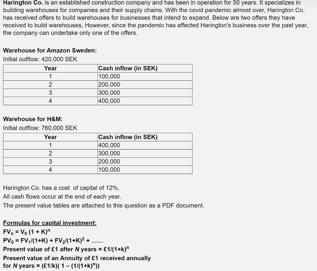 Required: (a) Calculate the Net Present Value (NPV) for both warehouses.