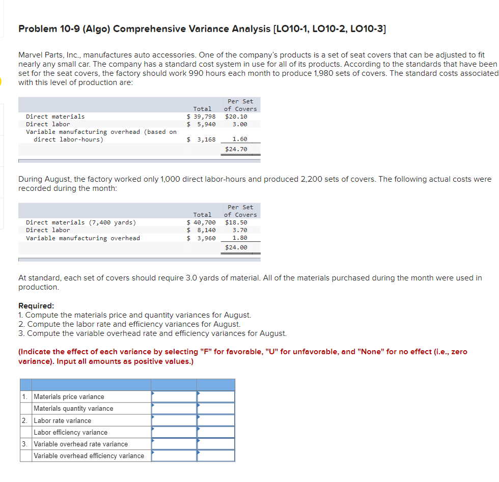  Problem 10-11 (Algo) Direct Materials and Direct Labor Variances; Computations from