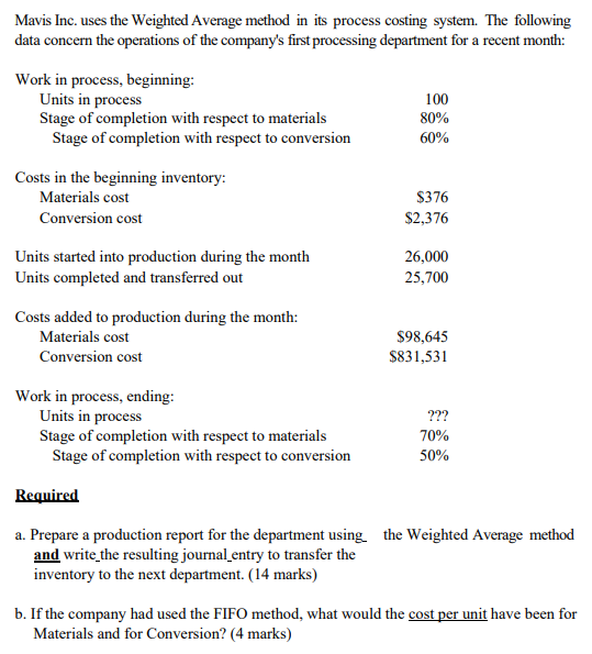  Mavis Inc. uses the Weighted Average method in its process costing