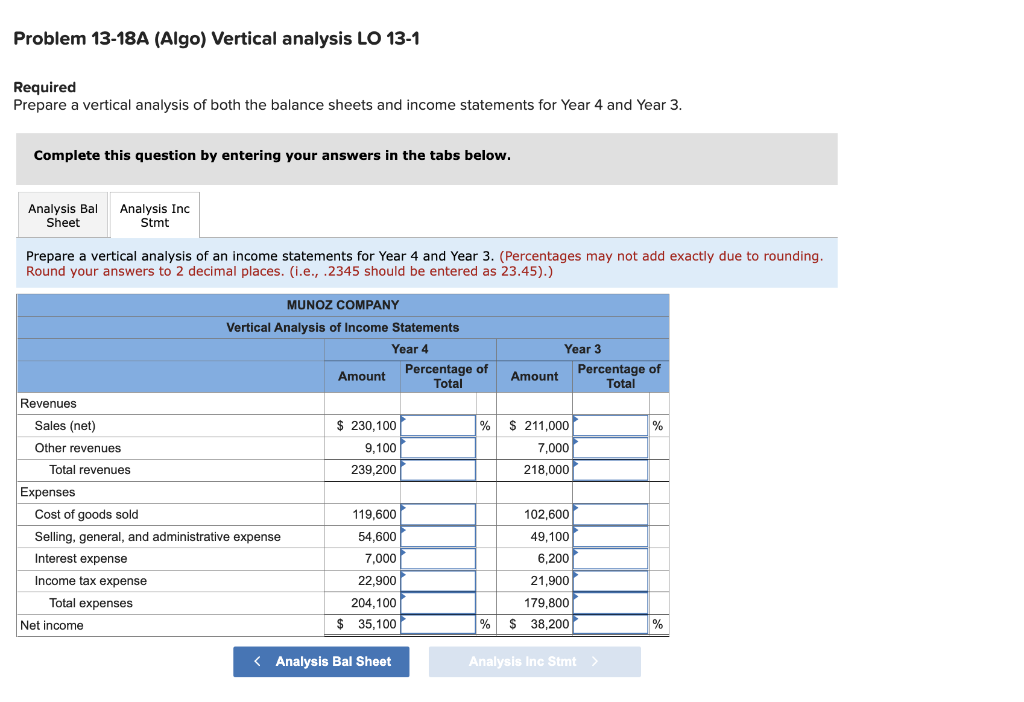 Problem 13-18A (Algo) Vertical analysis LO 131 Required Prepare a vertical