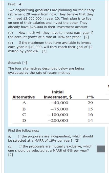  First: [4] Two engineering graduates are planning for their early retirement
