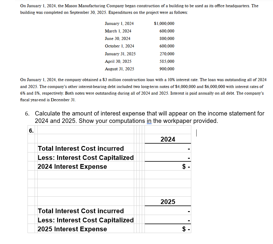  On January 1,2024, the Mason Manufacturing Company began construction of a