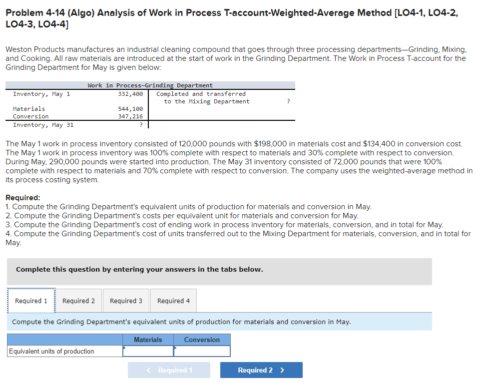  Problem 4-14 (Algo) Analysis of Work in Process T-account-Weighted-Average Method [LO4-1,