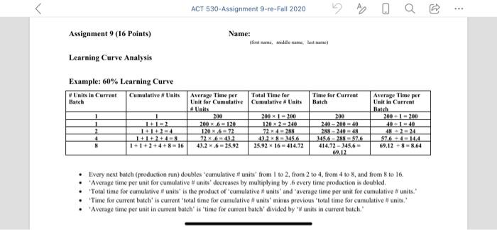 < Assignment 9 (16 Points) Learning Curve Analysis Example: 60% Learning Curve