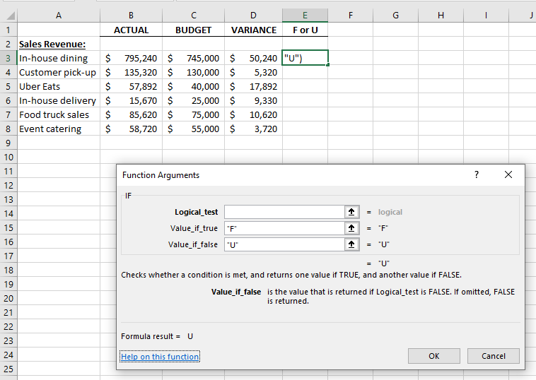 To return an F in column E when there is a favorable