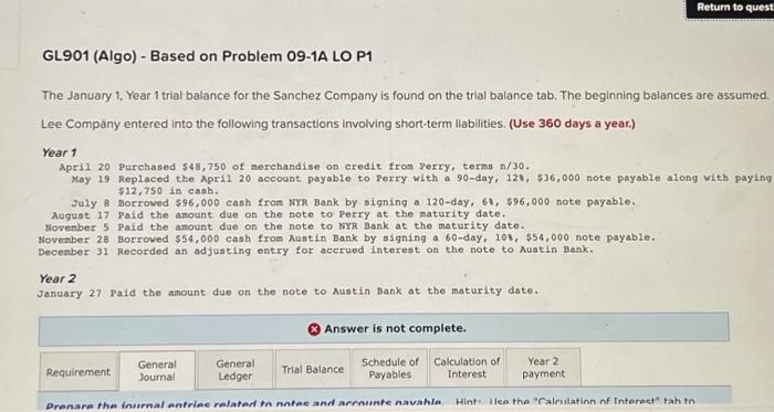  Return to quest GL901 (Algo) - Based on Problem 09-1A LO