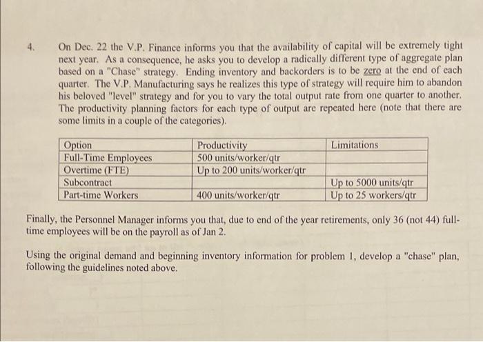 (use the aggregate planning sheet worksheet) On Dec. 22 the V.P. Finance