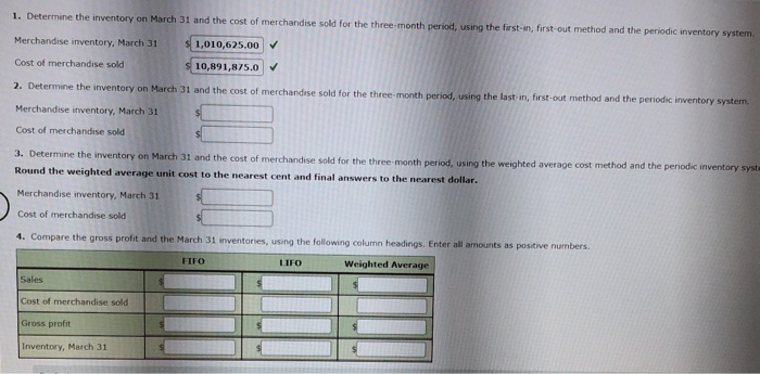 and data on purchases and sales for a three-month period ending March